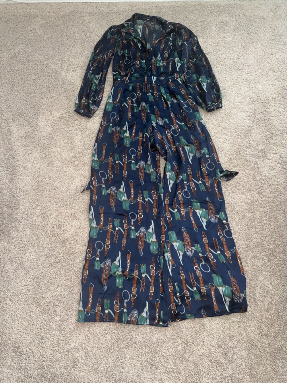 Navy Printed Long Sleeve Jumpsuit
